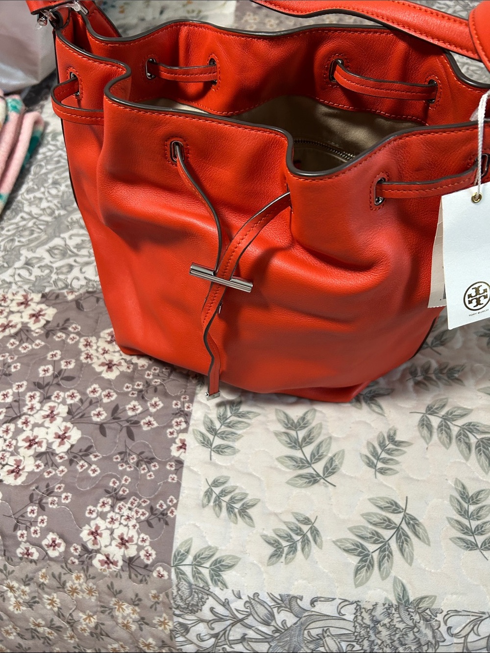 Tory Burch Orange Leather Drawstring Shoulder Bag